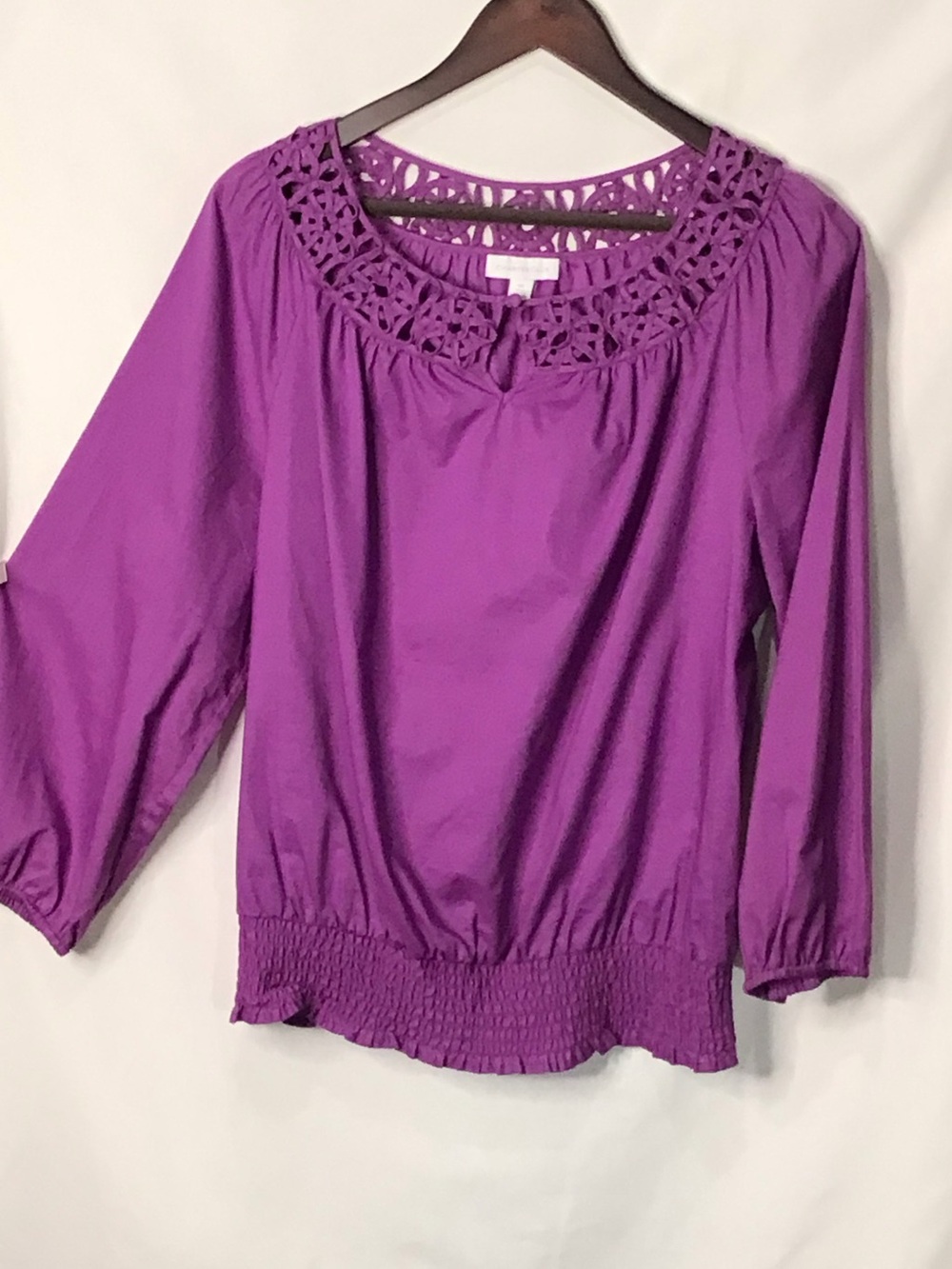 Charter Club Purple Crochet Yoke Long Sleeve Top